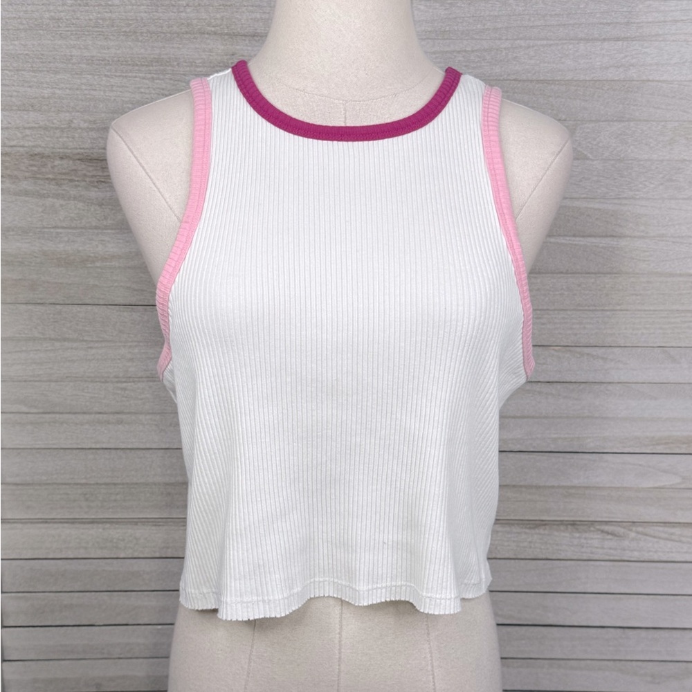 WILD FABLE Ringer Style Cropped Ribbed Tank Top White/Pink-Large